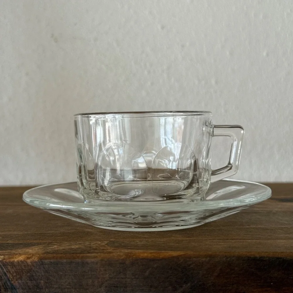 7pc Vintage Arcoroc Petale Clear Glass Tea Cup & Saucer France Set of 3 + 1 Free